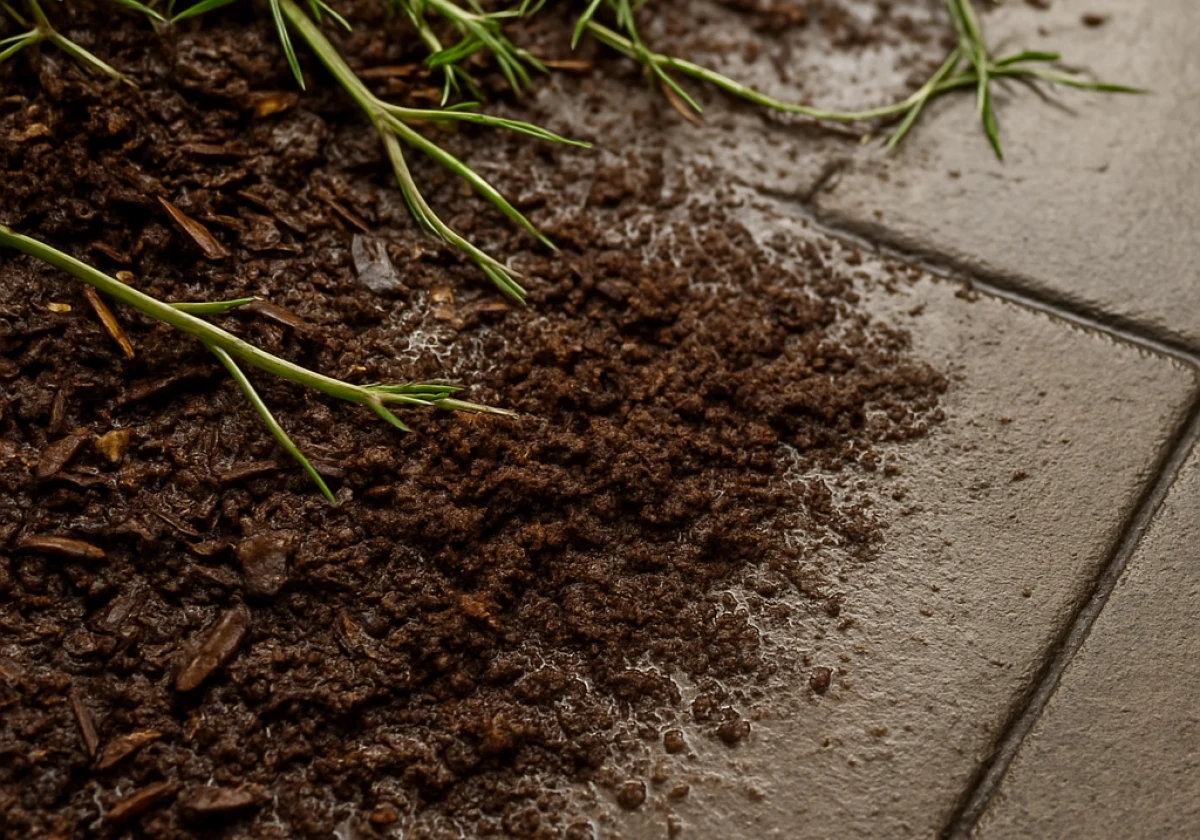 Close-up of wet soil and mulch spilling across a paved garden path