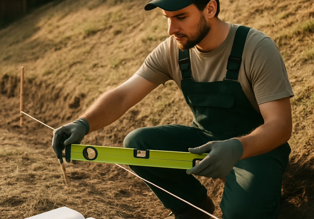 Gardener holding a spirit level and string line