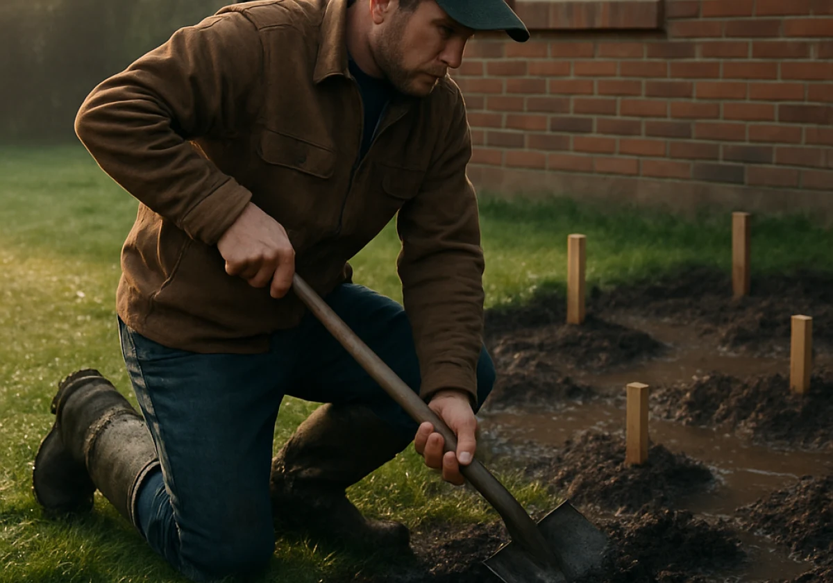 Homeowner in work clothes kneeling on wet grass near a brick house