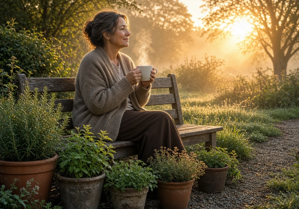 Middle-aged woman seated on a weathered teak bench at sunrise
