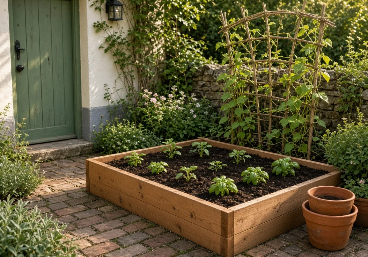 Raised cedar vegetable bed positioned three feet