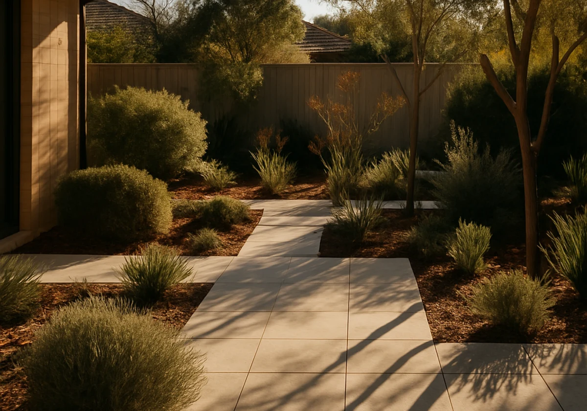 Residential Australian garden courtyard on a winter afternoon
