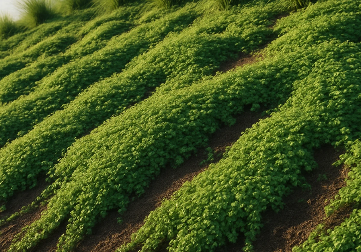 Steeply sloped garden densely planted with creeping groundcover