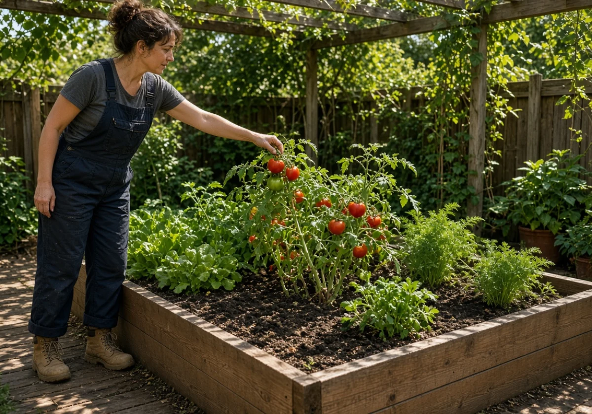 Woman in work clothes standing beside a 1.2-meter square raised bed